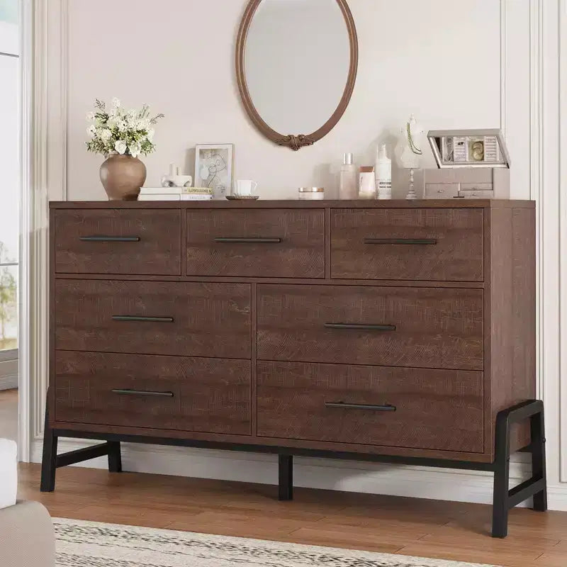 7 commodes de chambre à coucher, commode autonome à 5 tiroirs de 52 pouces de large avec rangement, meuble de rangement de placard en bois pour salon, chambre à coucher