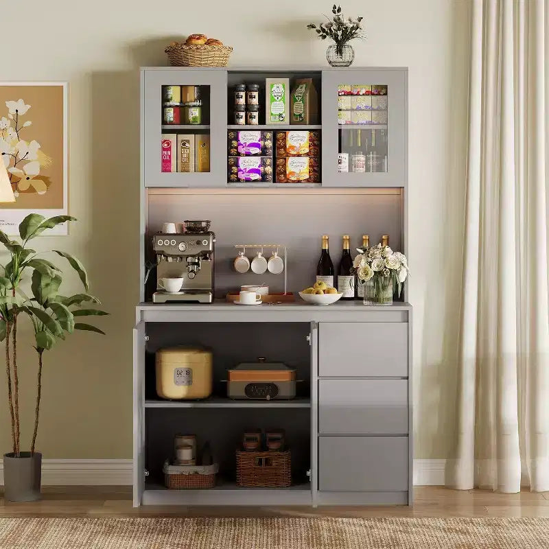 Meuble de rangement d'angle de cuisine 71", Armoire de rangement avec portes et étagères réglables, Armoire de cuisine avec étagère pour micro-ondes