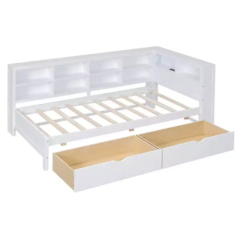 Lit de repos avec bibliothèque en L et 2 tiroirs, lit de jour en bois avec étagère de rangement et ports de chargement USB