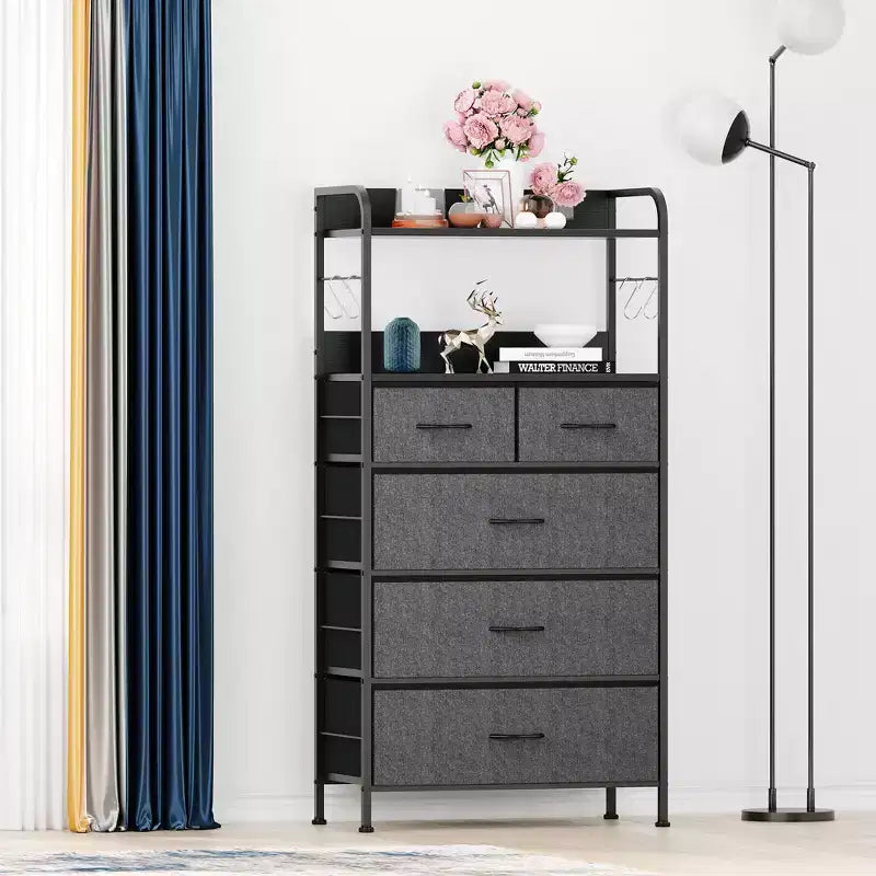 Commode à 5 tiroirs en tissu avec plateau en bois - Organiseur de rangement robuste à cadre métallique pour chambre, couloir, entrée