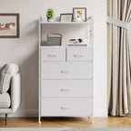 Commode à 5 tiroirs en tissu avec plateau en bois - Organiseur de rangement robuste à cadre métallique pour chambre, couloir, entrée