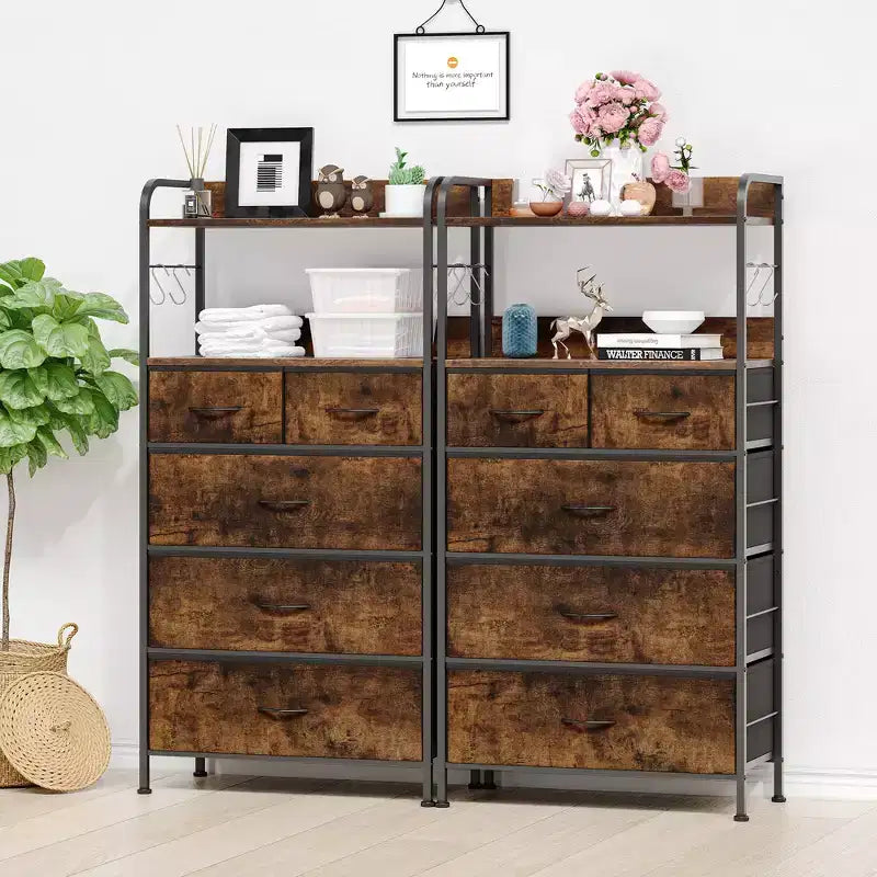 Commode à 5 tiroirs en tissu avec plateau en bois - Organiseur de rangement robuste à cadre métallique pour chambre, couloir, entrée