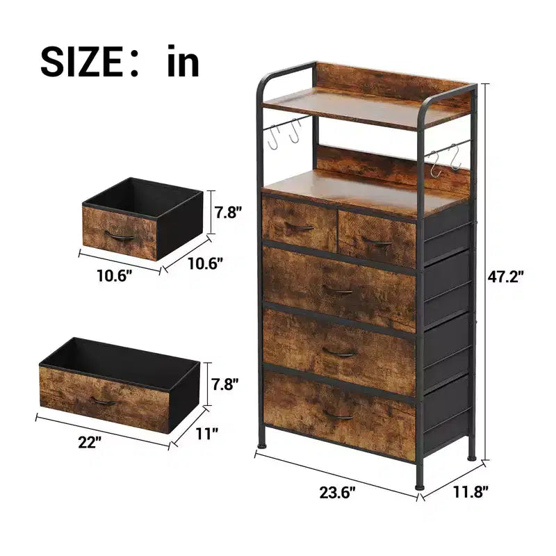 Commode à 5 tiroirs en tissu avec plateau en bois - Organiseur de rangement robuste à cadre métallique pour chambre, couloir, entrée