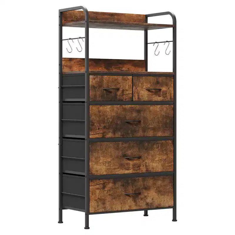 5-Drawer Fabric Dresser with Wood Tabletop - Sturdy Metal Frame Storage Organizer for Bedroom, Hallway, Entryway