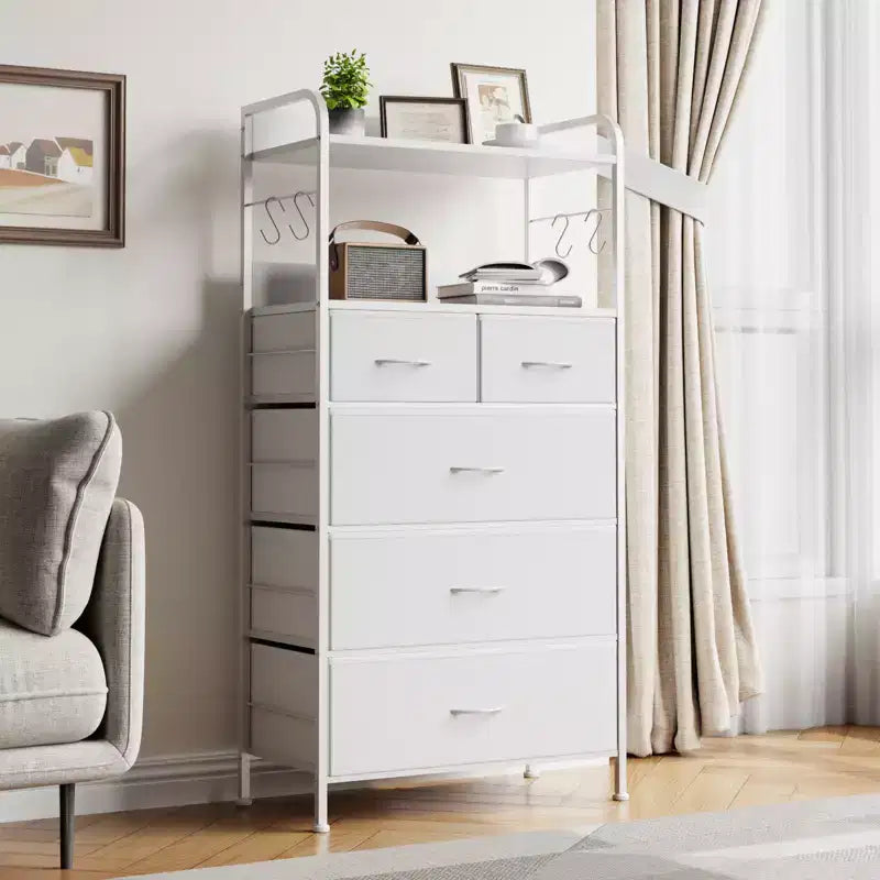 Commode à 5 tiroirs en tissu avec plateau en bois - Organiseur de rangement robuste à cadre métallique pour chambre, couloir, entrée