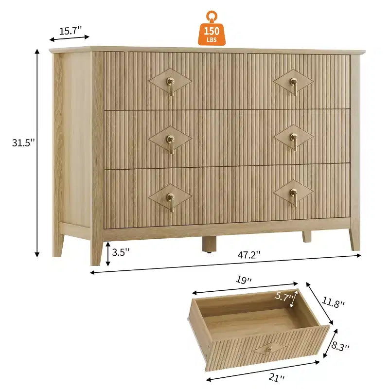 Commode de chambre à trois tiroirs avec poignées métalliques, convenant comme meuble TV ou armoire de rangement en bois pour chambres, salons ou couloirs.