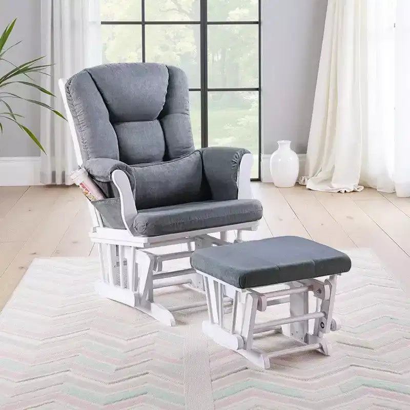 Royal Hampton Glider Manual Recliner Chair w Square Ottoman, White Wood, Gray