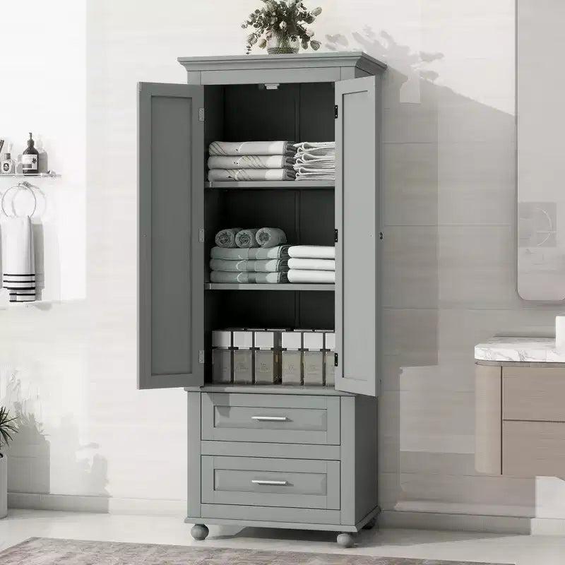 Meuble de Rangement de Salle de Bain Autoportant Moderne en Bois GDFStudio Norton avec Deux Tiroirs, Étagère Réglable et Armoire Fermée
