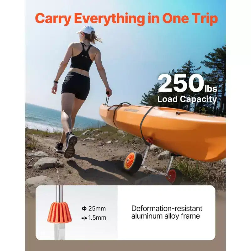 Chariot de kayak VEVOR, capacité de charge de 113 kg, chariot de canoë avec pneus en caoutchouc plein de 19 cm et béquille, multicolore