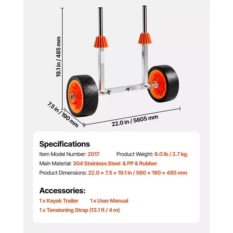 Chariot de kayak VEVOR, capacité de charge de 113 kg, chariot de canoë avec pneus en caoutchouc plein de 19 cm et béquille, multicolore