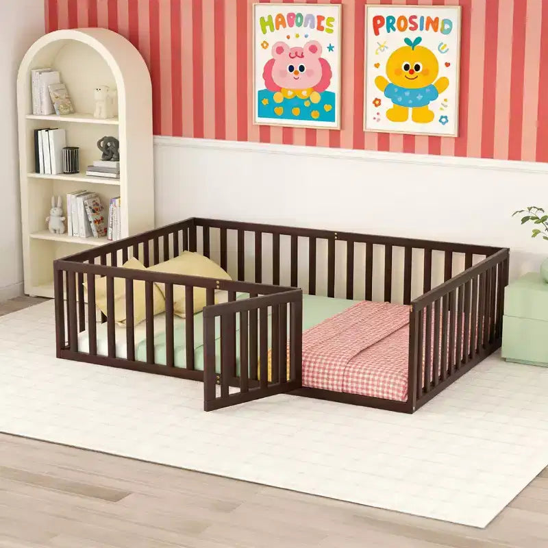Cadre de lit en bois taille Queen Luxystar avec clôture et porte