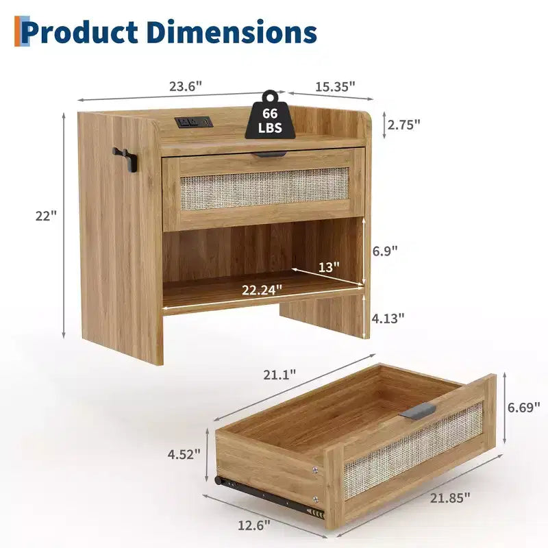 Table de chevet en rotin, lot de 1, table d'appoint, table de chevet moderne avec 2 tiroirs de rangement, convient pour chambre, bureau ou salon.