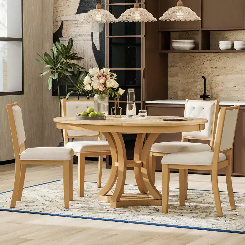 Ensemble de salle à manger rond extensible pour 4 personnes, ensemble de salle à manger rétro fonctionnel en bois 5 pièces avec 4 chaises rembourrées pour la cuisine