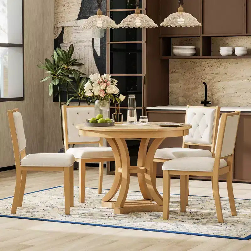 Ensemble de salle à manger rond extensible pour 4 personnes, ensemble de salle à manger rétro fonctionnel en bois 5 pièces avec 4 chaises rembourrées pour la cuisine