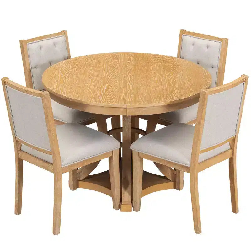 Ensemble de salle à manger rond extensible pour 4 personnes, ensemble de salle à manger rétro fonctionnel en bois 5 pièces avec 4 chaises rembourrées pour la cuisine