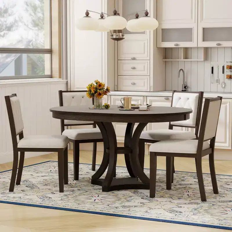 Ensemble de salle à manger rond extensible pour 4 personnes, ensemble de salle à manger rétro fonctionnel en bois 5 pièces avec 4 chaises rembourrées pour la cuisine
