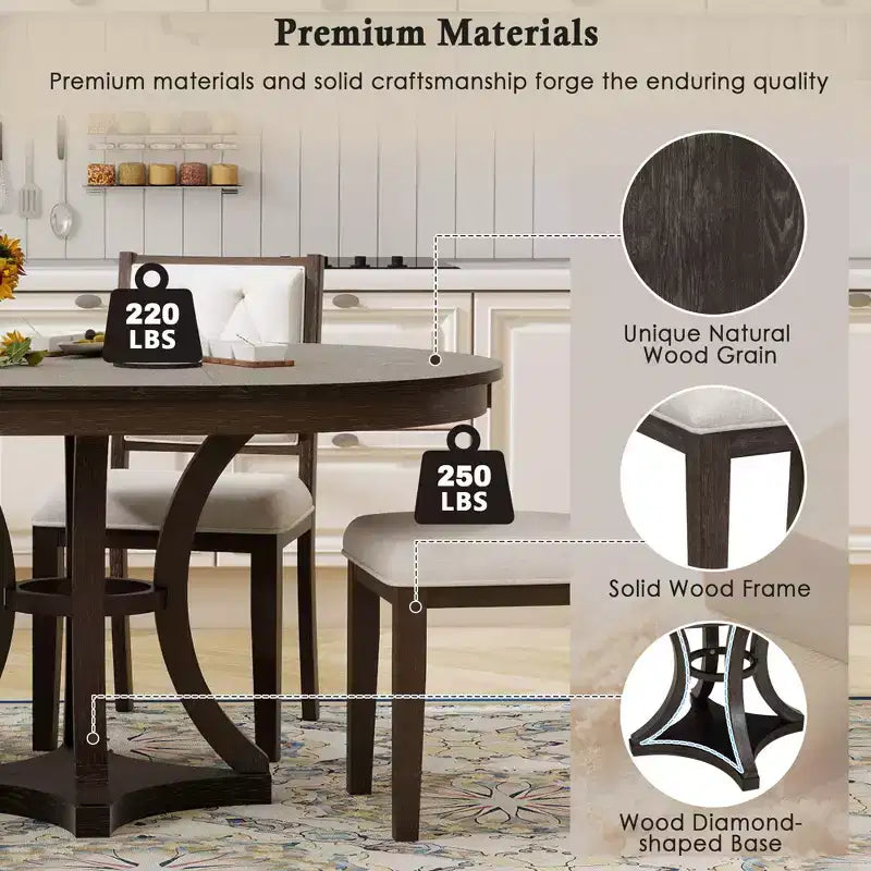 Ensemble de salle à manger rond extensible pour 4 personnes, ensemble de salle à manger rétro fonctionnel en bois 5 pièces avec 4 chaises rembourrées pour la cuisine
