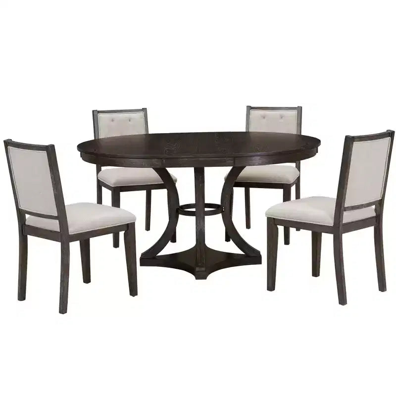 Ensemble de salle à manger rond extensible pour 4 personnes, ensemble de salle à manger rétro fonctionnel en bois 5 pièces avec 4 chaises rembourrées pour la cuisine