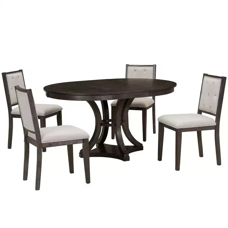Ensemble de salle à manger rond extensible pour 4 personnes, ensemble de salle à manger rétro fonctionnel en bois 5 pièces avec 4 chaises rembourrées pour la cuisine