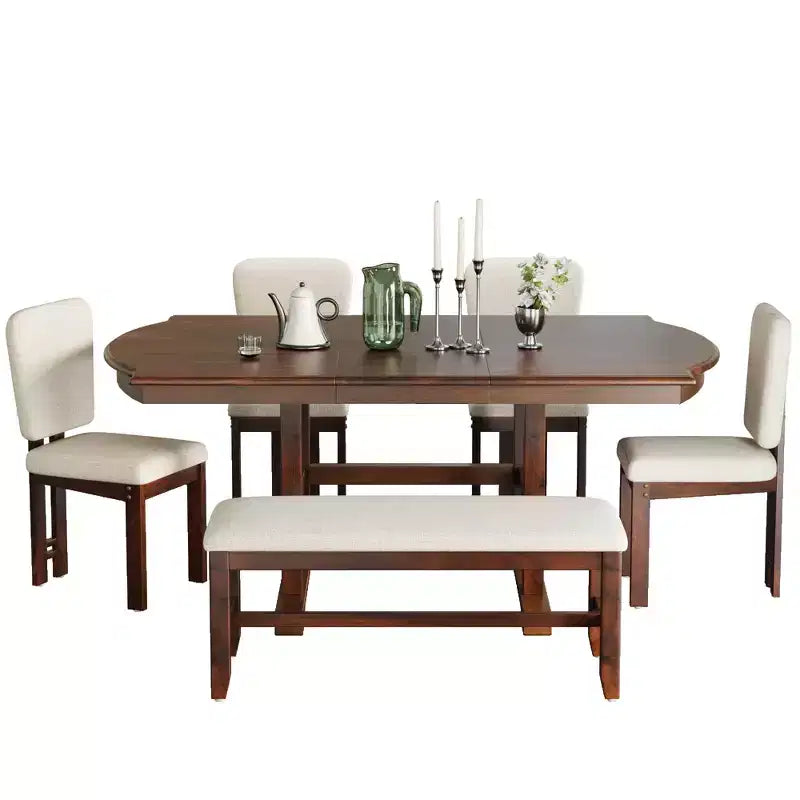 Ensemble table à manger extensible en bois avec banc, ensemble de table de cuisine 6 pièces avec rallonge amovible et 4 chaises de salle à manger rembourrées, beige, expresso