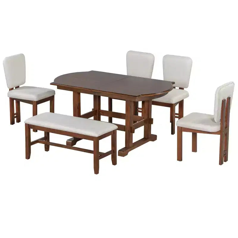 Ensemble table à manger extensible en bois avec banc, ensemble de table de cuisine 6 pièces avec rallonge amovible et 4 chaises de salle à manger rembourrées, beige, expresso