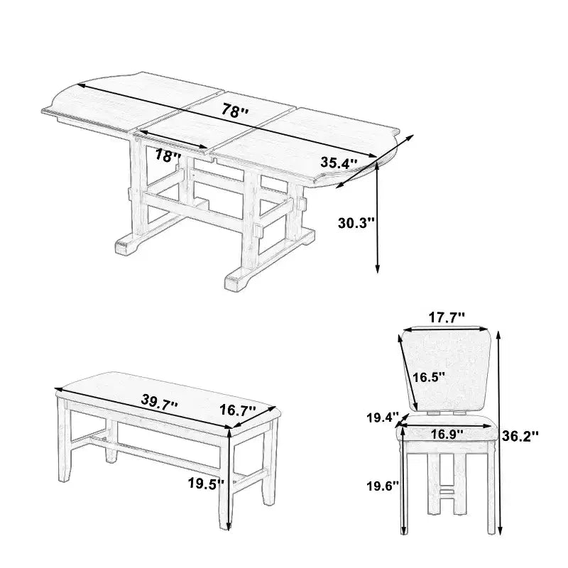 Ensemble table à manger extensible en bois avec banc, ensemble de table de cuisine 6 pièces avec rallonge amovible et 4 chaises de salle à manger rembourrées, beige, expresso