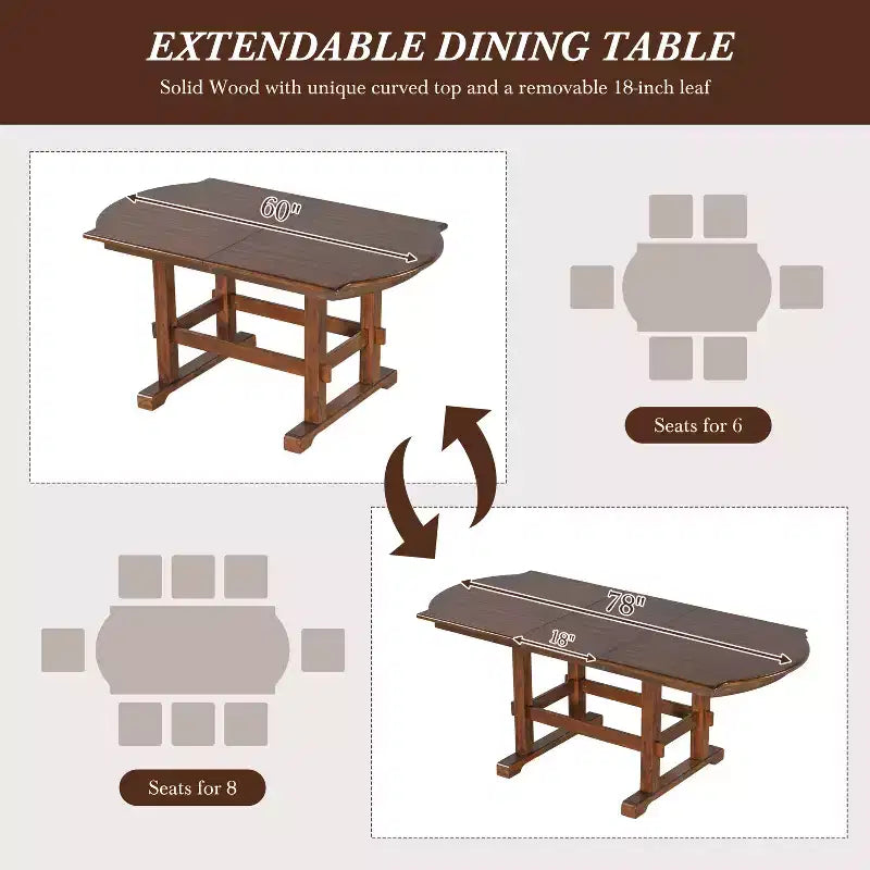 Ensemble table à manger extensible en bois avec banc, ensemble de table de cuisine 6 pièces avec rallonge amovible et 4 chaises de salle à manger rembourrées, beige, expresso