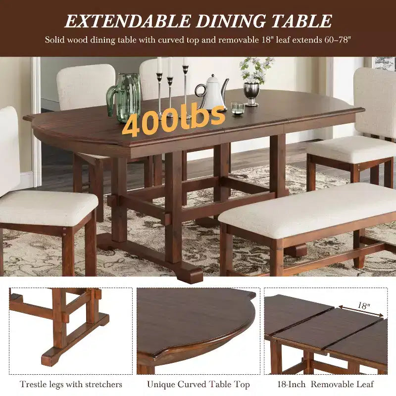 Ensemble table à manger extensible en bois avec banc, ensemble de table de cuisine 6 pièces avec rallonge amovible et 4 chaises de salle à manger rembourrées, beige, expresso
