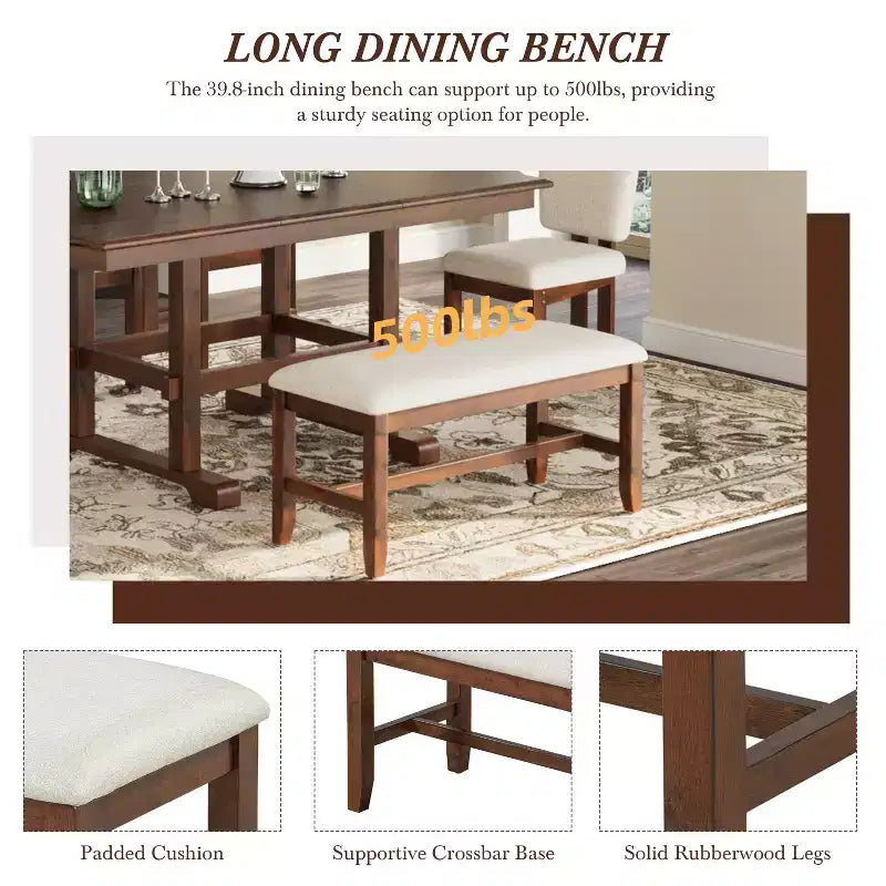 Ensemble table à manger extensible en bois avec banc, ensemble de table de cuisine 6 pièces avec rallonge amovible et 4 chaises de salle à manger rembourrées, beige, expresso