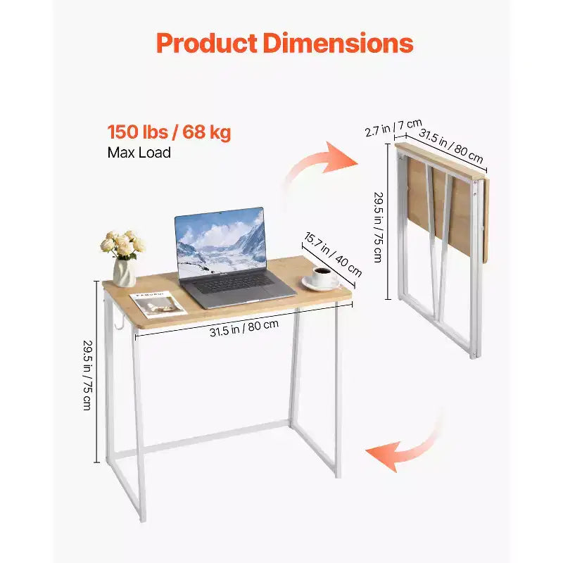 Bureau pliant VEVOR, table pliable de 80 cm pour petits espaces avec crochets de rangement, table d'ordinateur peu encombrante, poste de travail, chêne