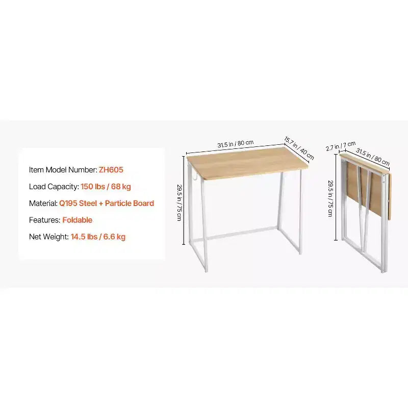 Bureau pliant VEVOR, table pliable de 80 cm pour petits espaces avec crochets de rangement, table d'ordinateur peu encombrante, poste de travail, chêne