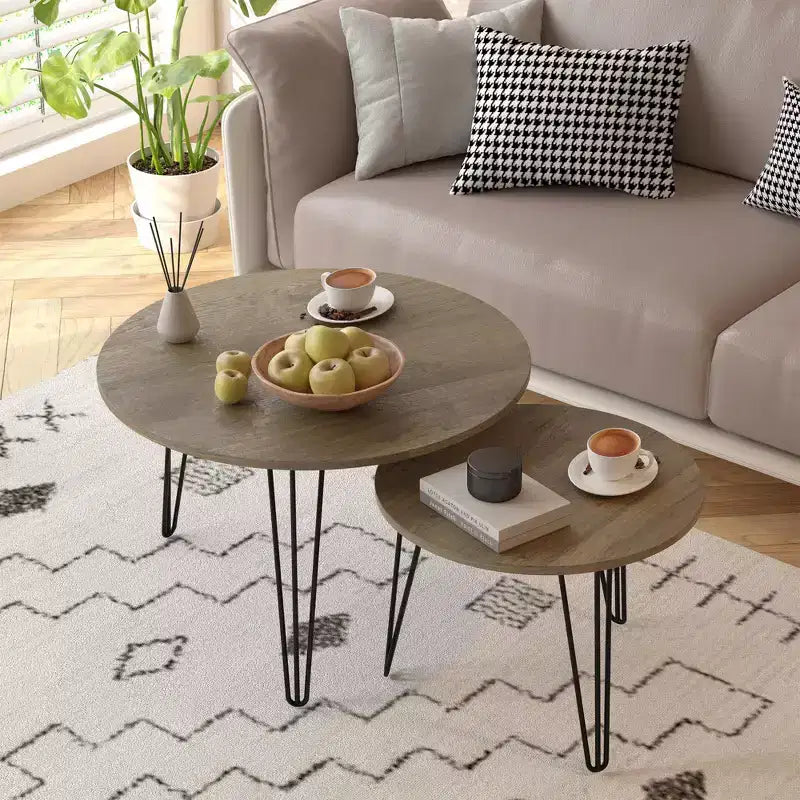 Lot de 2 tables basses gigognes rondes de 70 cm, plateaux aspect bois marron rustique, piètement en métal robuste, tables d'appoint peu encombrantes