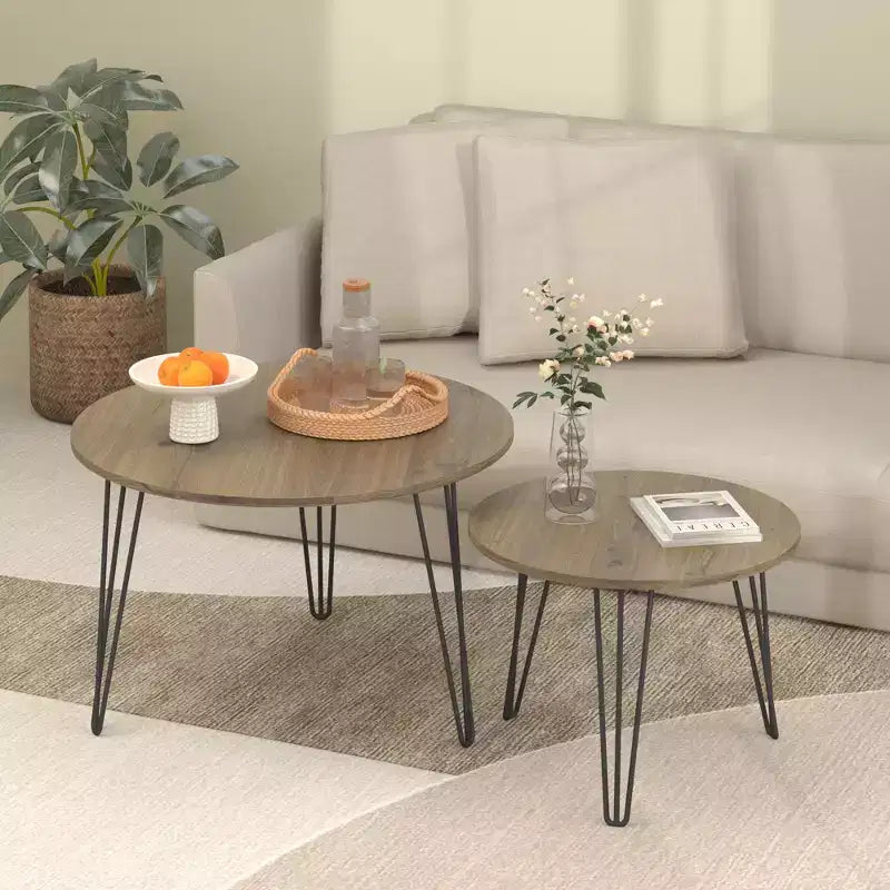 Lot de 2 tables basses gigognes rondes de 70 cm, plateaux aspect bois marron rustique, piètement en métal robuste, tables d'appoint peu encombrantes