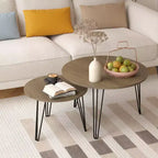 Lot de 2 tables basses gigognes rondes de 70 cm, plateaux aspect bois marron rustique, piètement en métal robuste, tables d'appoint peu encombrantes