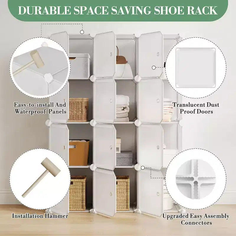 Organisateur de rangement 12 cubes avec portes, étagère modulaire en plastique pour chambre et salon, blanc