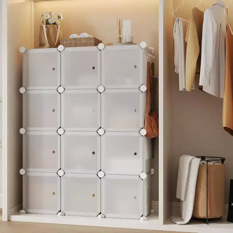 Organisateur de rangement 12 cubes avec portes, étagère modulaire en plastique pour chambre et salon, blanc