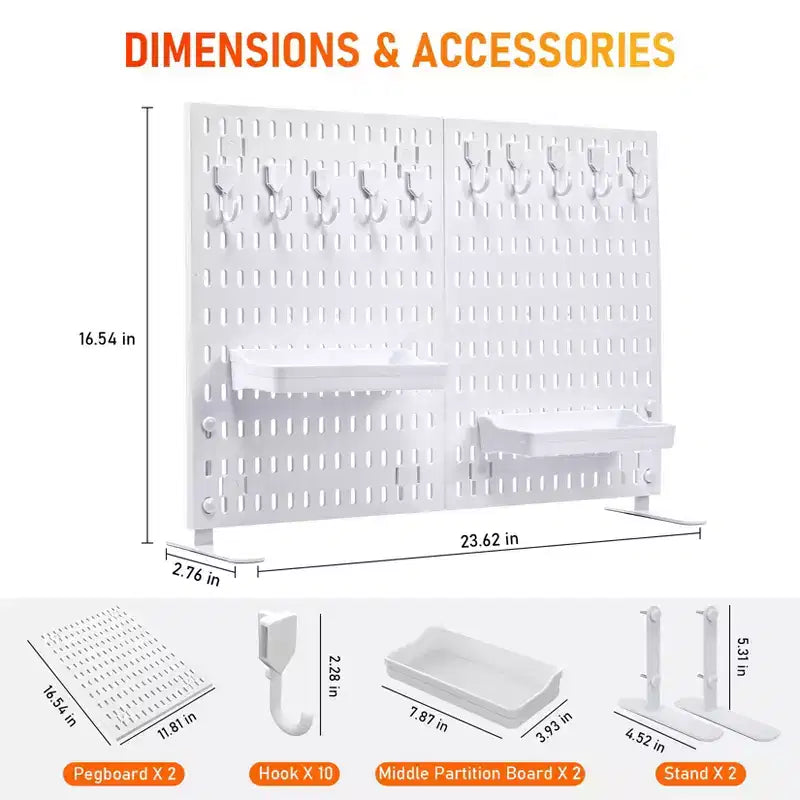 Kit Organisateur Mural en Panneau Perforé Métallique Robuste - Lot de 4 Panneaux avec 10 Crochets et 2 Supports, Acier Stable Résistant aux Rayures pour Garage Bureau Maison, Noir