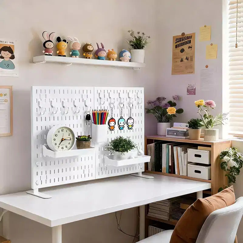 Kit Organisateur Mural en Panneau Perforé Métallique Robuste - Lot de 4 Panneaux avec 10 Crochets et 2 Supports, Acier Stable Résistant aux Rayures pour Garage Bureau Maison, Noir