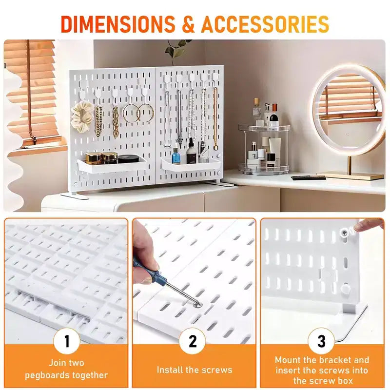 Kit Organisateur Mural en Panneau Perforé Métallique Robuste - Lot de 4 Panneaux avec 10 Crochets et 2 Supports, Acier Stable Résistant aux Rayures pour Garage Bureau Maison, Noir