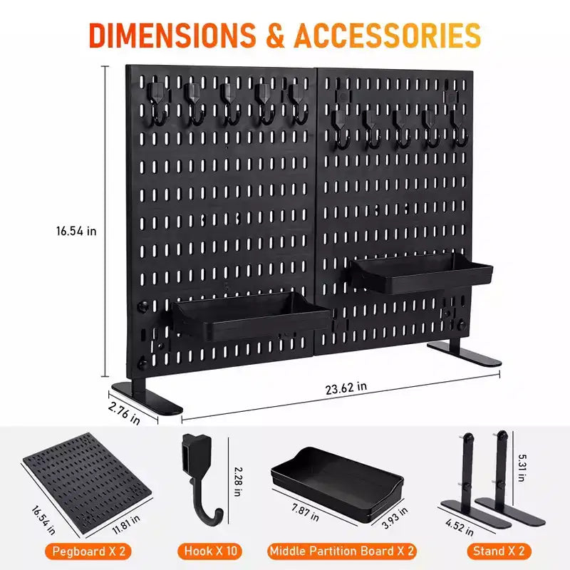 Kit Organisateur Mural en Panneau Perforé Métallique Robuste - Lot de 4 Panneaux avec 10 Crochets et 2 Supports, Acier Stable Résistant aux Rayures pour Garage Bureau Maison, Noir