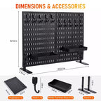 Kit Organisateur Mural en Panneau Perforé Métallique Robuste - Lot de 4 Panneaux avec 10 Crochets et 2 Supports, Acier Stable Résistant aux Rayures pour Garage Bureau Maison, Noir