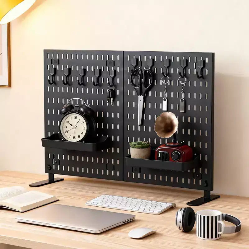 Kit Organisateur Mural en Panneau Perforé Métallique Robuste - Lot de 4 Panneaux avec 10 Crochets et 2 Supports, Acier Stable Résistant aux Rayures pour Garage Bureau Maison, Noir