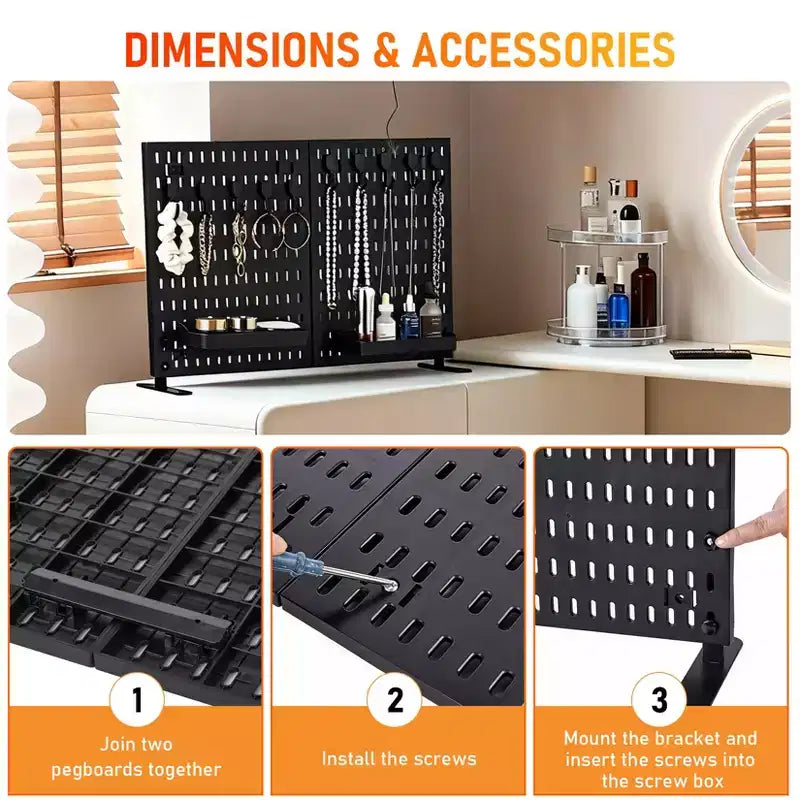 Kit Organisateur Mural en Panneau Perforé Métallique Robuste - Lot de 4 Panneaux avec 10 Crochets et 2 Supports, Acier Stable Résistant aux Rayures pour Garage Bureau Maison, Noir