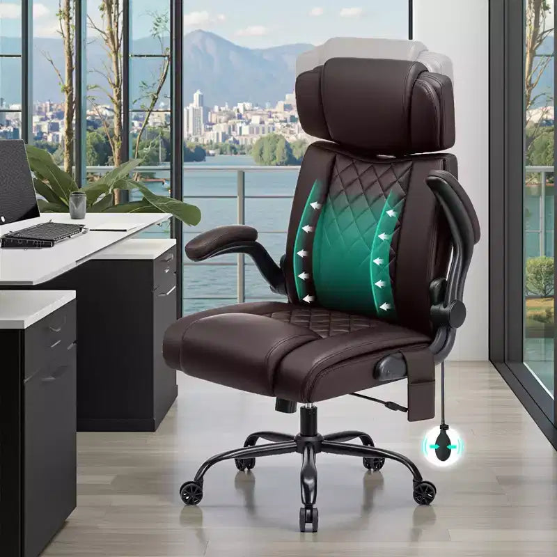 Chaise de bureau ergonomique HOFFREE 200 kg Chaise de bureau en similicuir Dossier haut Appui-tête réglable Accoudoirs rabattables Chaise d'ordinateur