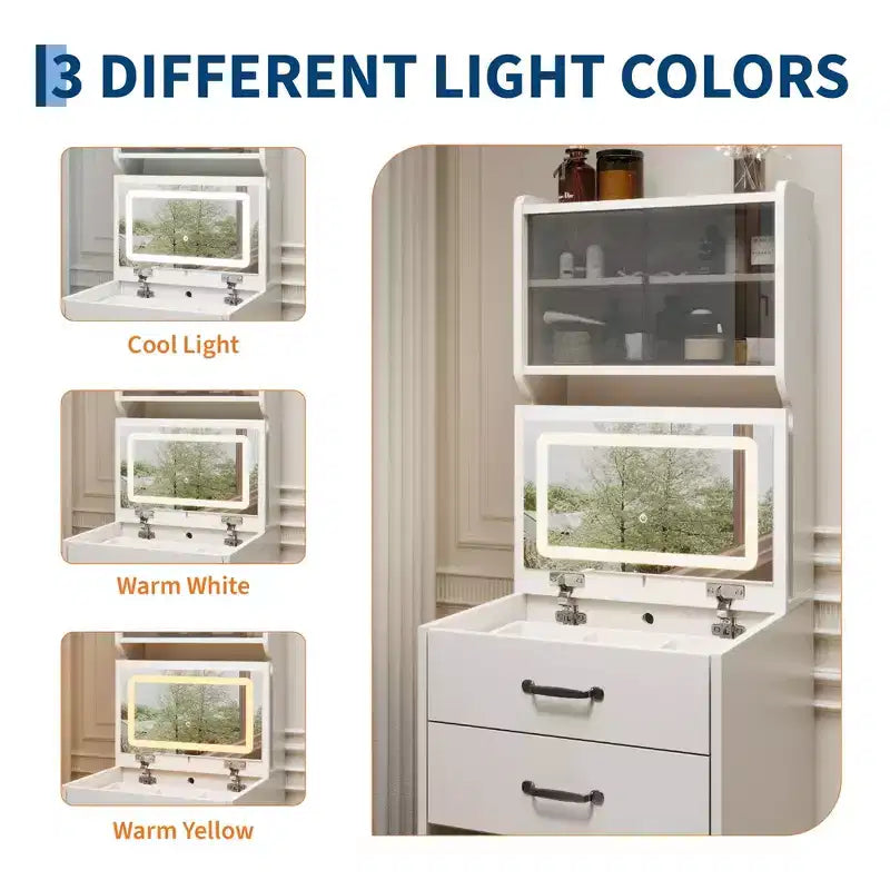 Coiffeuse 3 en 1 avec 3 couleurs de lumière, ensemble de coiffeuse compact avec 2 prises CA et USB, table de maquillage avec tiroirs