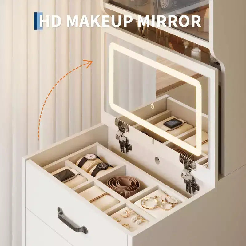 Coiffeuse 3 en 1 avec 3 couleurs de lumière, ensemble de coiffeuse compact avec 2 prises CA et USB, table de maquillage avec tiroirs