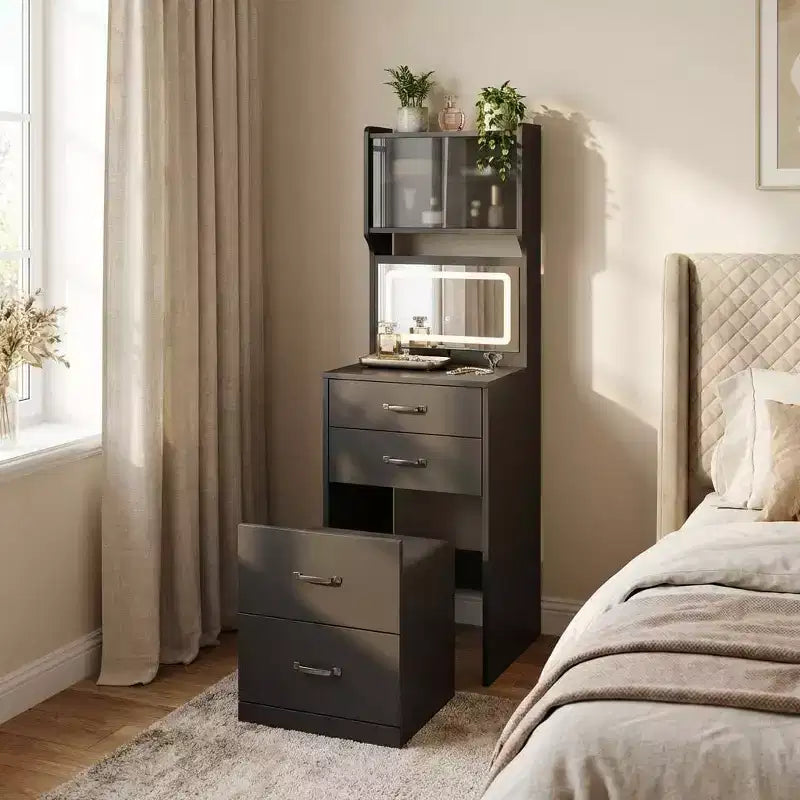 3 in 1 Vanity Desk with 3 Color Light, Compact Makeup Vanity Set with 2 AC Outlets & USB, Dressing Table with Drawers