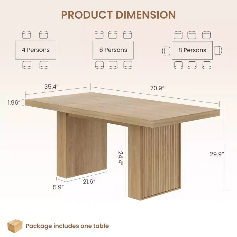 Table de salle à manger de 70,8 pouces, table de salle à manger moderne avec rangement, table de cuisine en bois avec pieds cannelés, table de cuisine rustique en bois