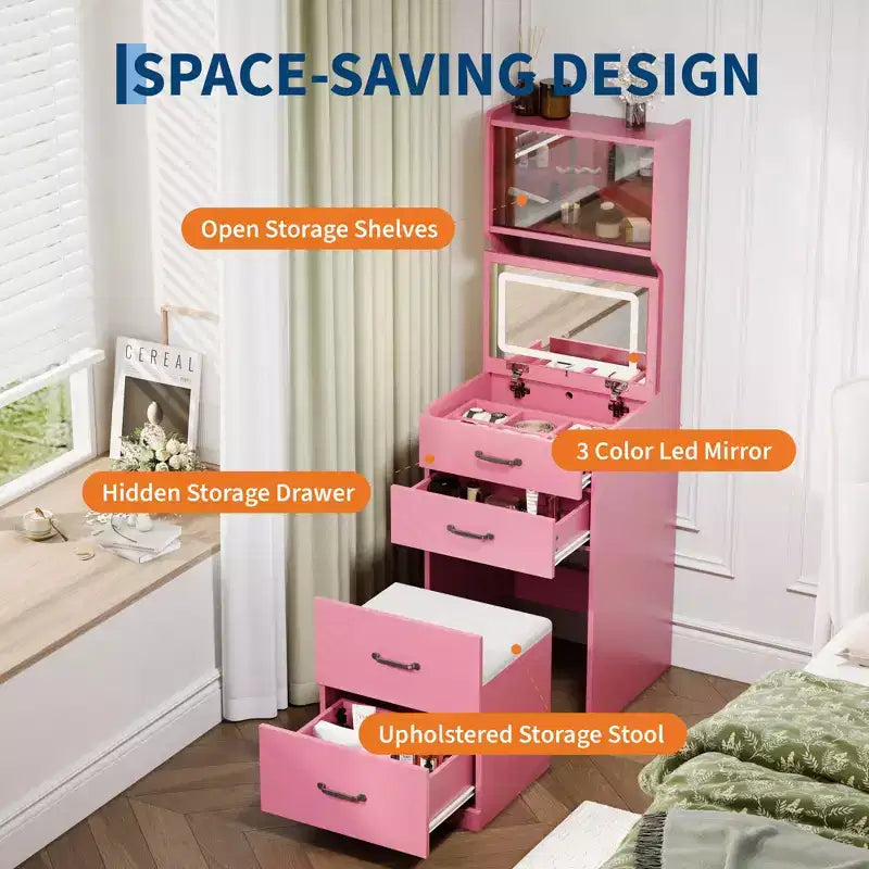 COZONY Coiffeuse 3-en-1 avec LED 3 Couleurs, Table de Maquillage avec Tiroirs et Portes en Acrylique, Ensemble de Maquillage Compact avec 2 Prises CA et USB, Table de Chevet