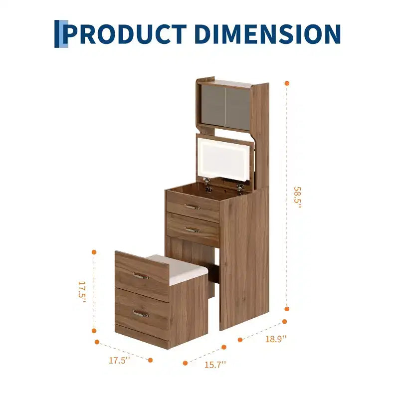 COZONY Coiffeuse 3-en-1 avec LED 3 Couleurs, Table de Maquillage avec Tiroirs et Portes en Acrylique, Ensemble de Maquillage Compact avec 2 Prises CA et USB, Table de Chevet